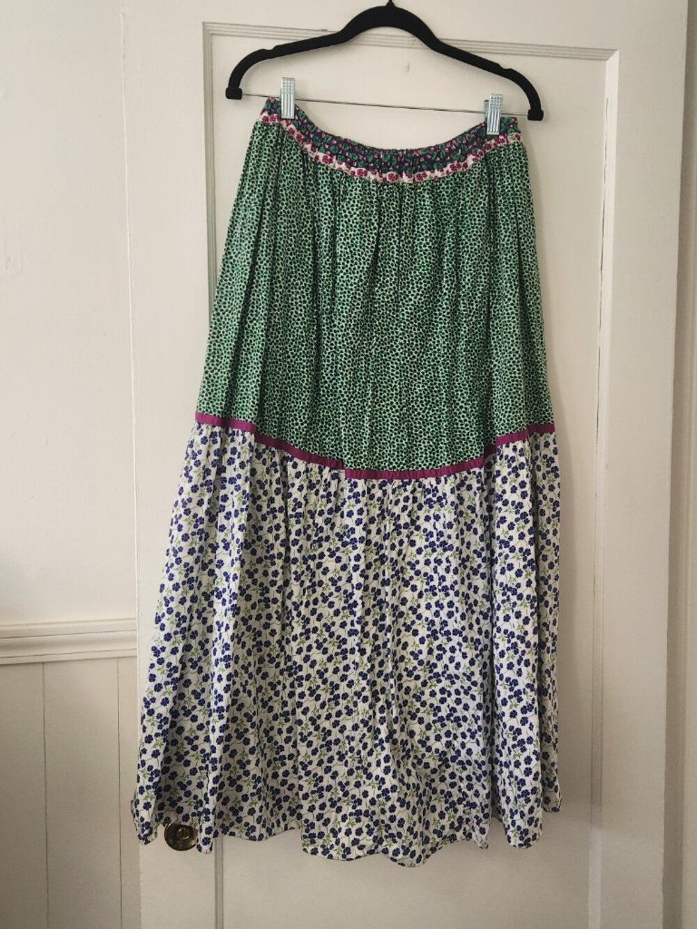 Handmade Cottagecore Prairie Skirt L/XL Green & Blue Floral Tiered Maxi Skirt